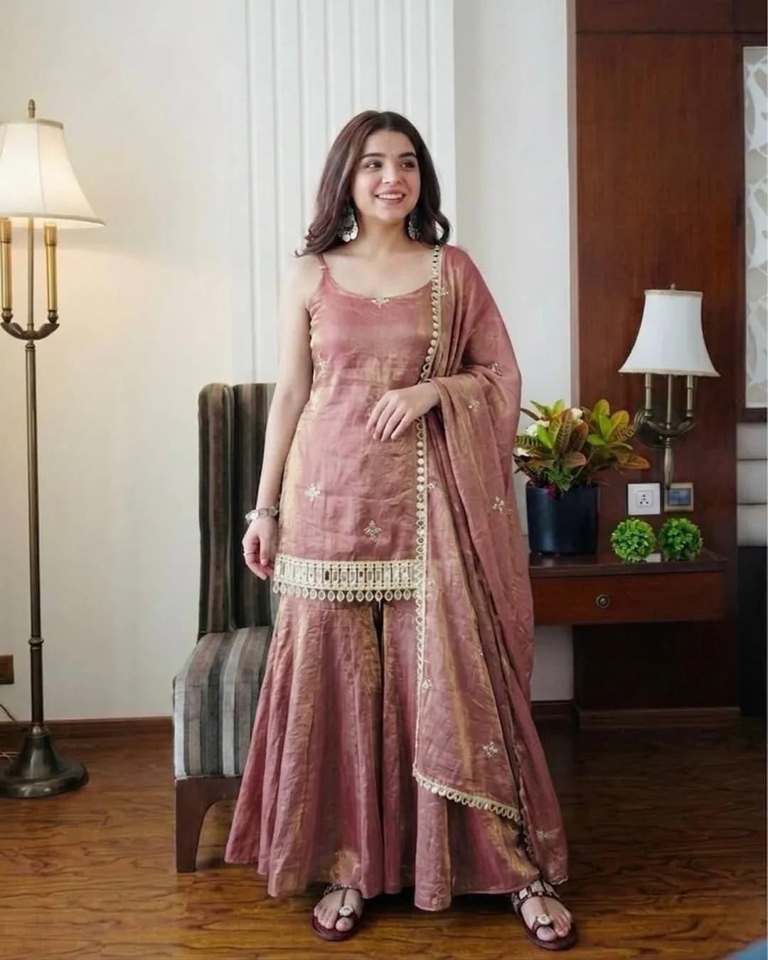 Fendy Silk Sleeveless Sharara Set with Sequins & Mirror Work