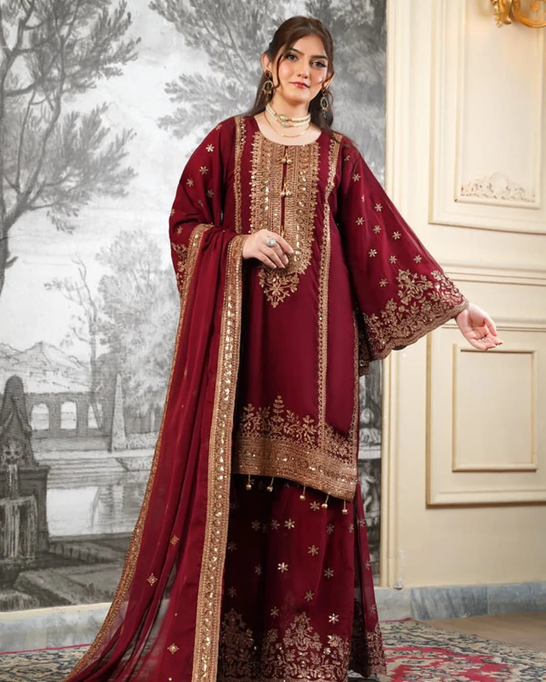 Fendy Silk Embroidered Top Sharara & Dupatta Set