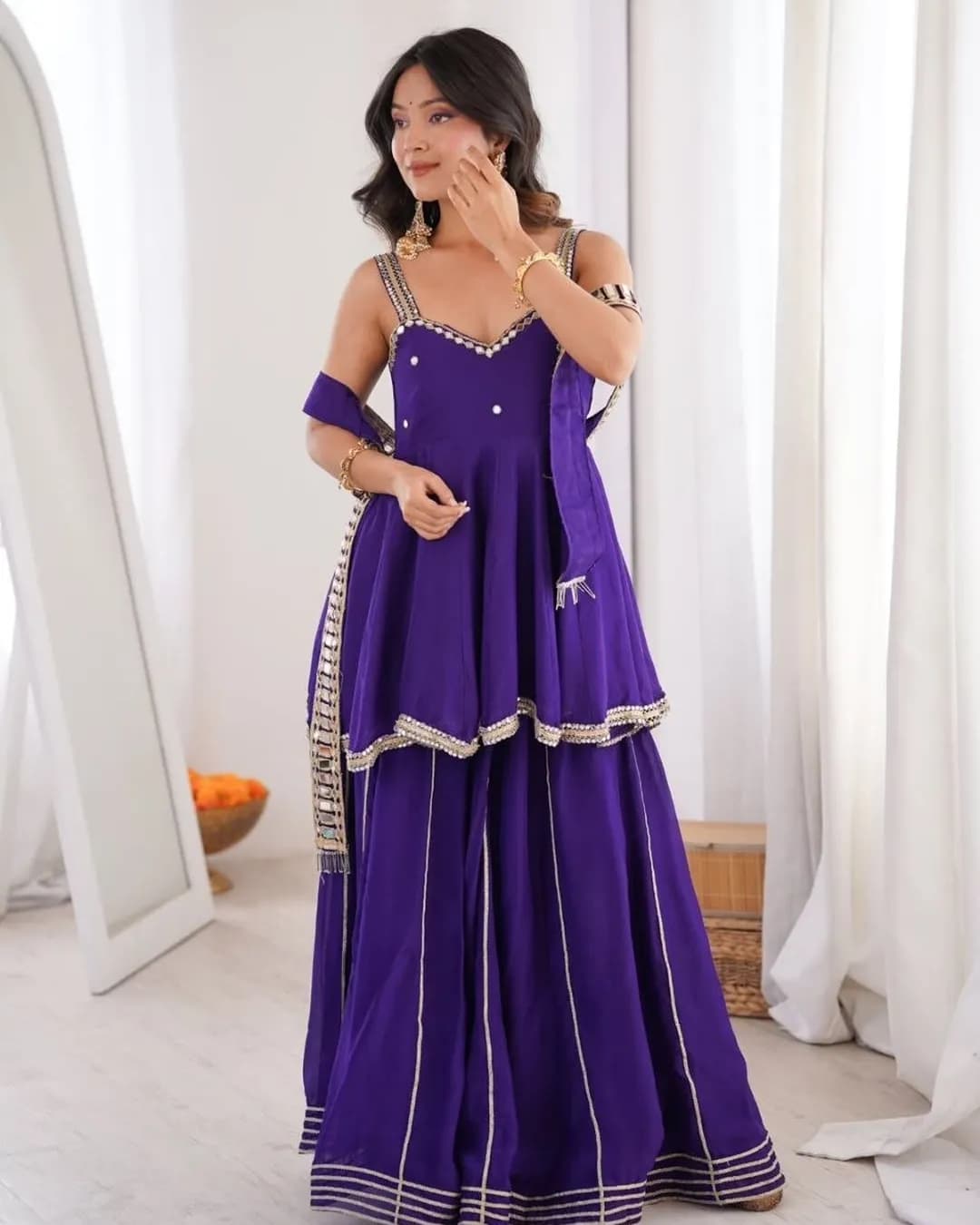Soft Chinon Mirror Work Top Palazzo Set with Belt