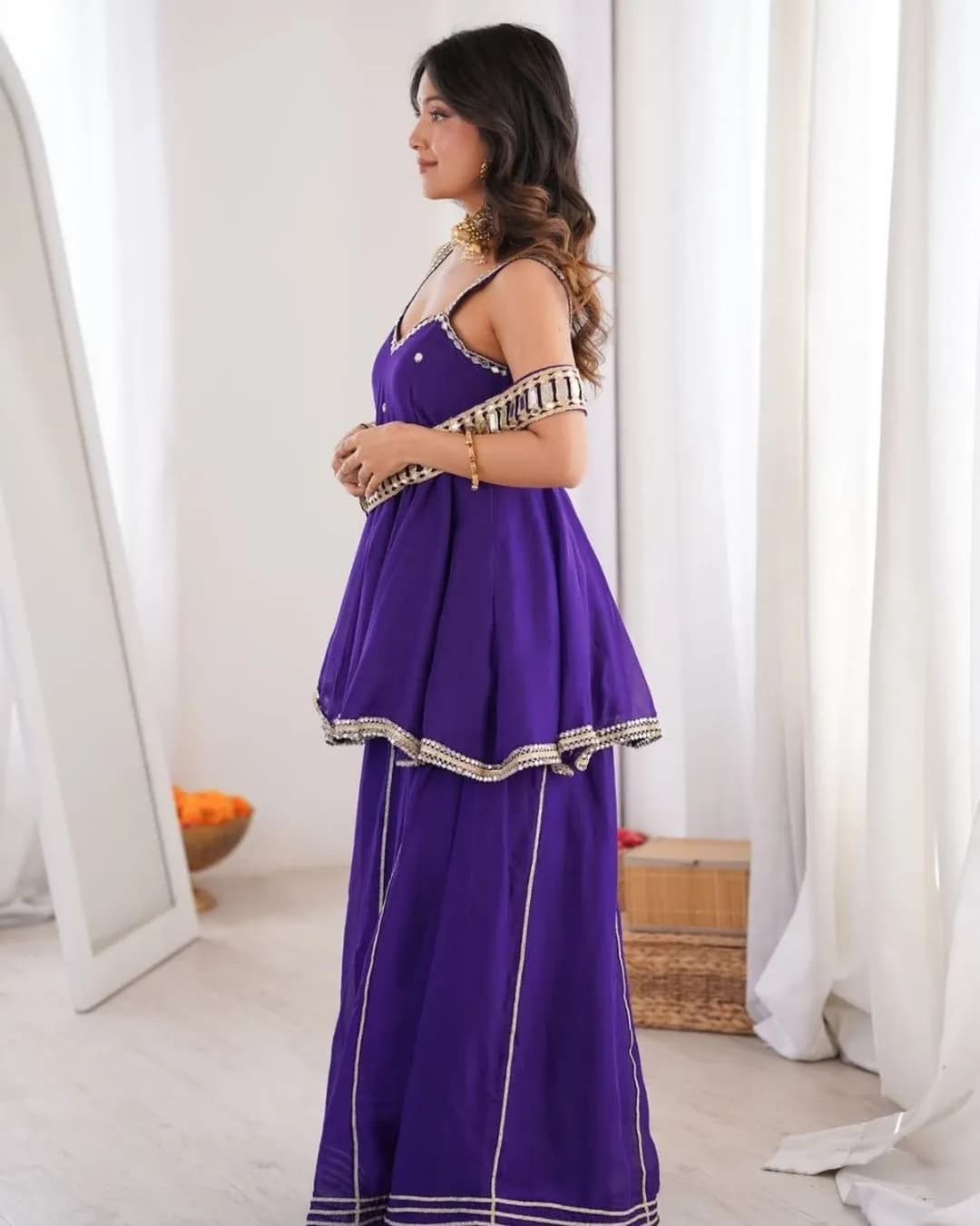 Soft Chinon Mirror Work Top Palazzo Set with Belt alternate view