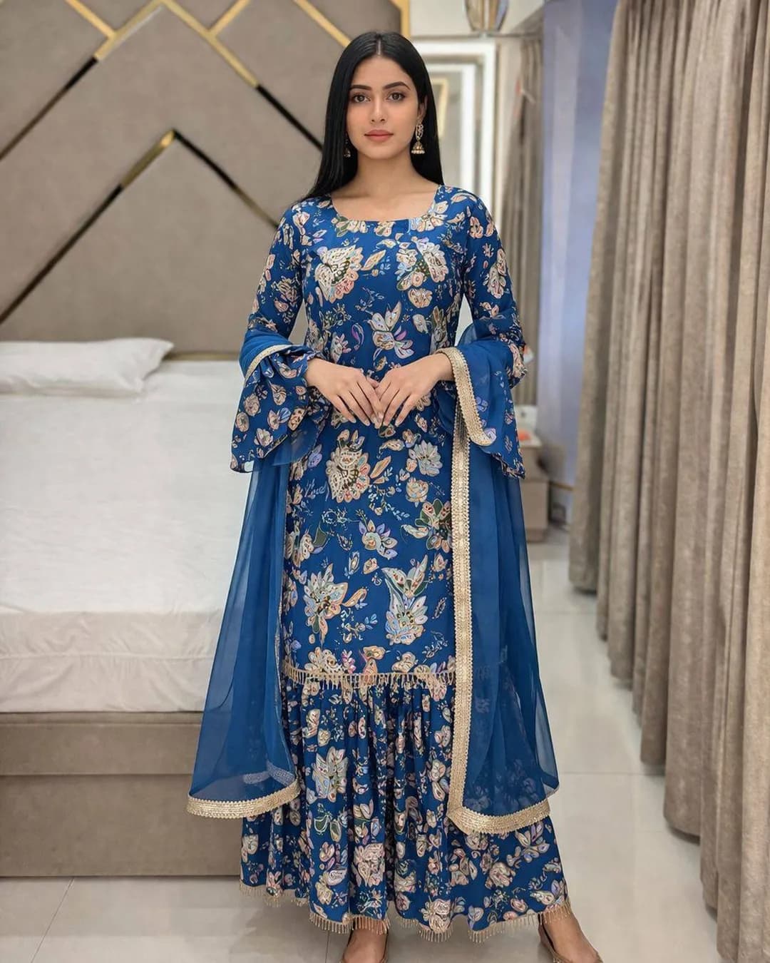 Muslin Cotton Floral Kurti Sharara Set with Dupatta