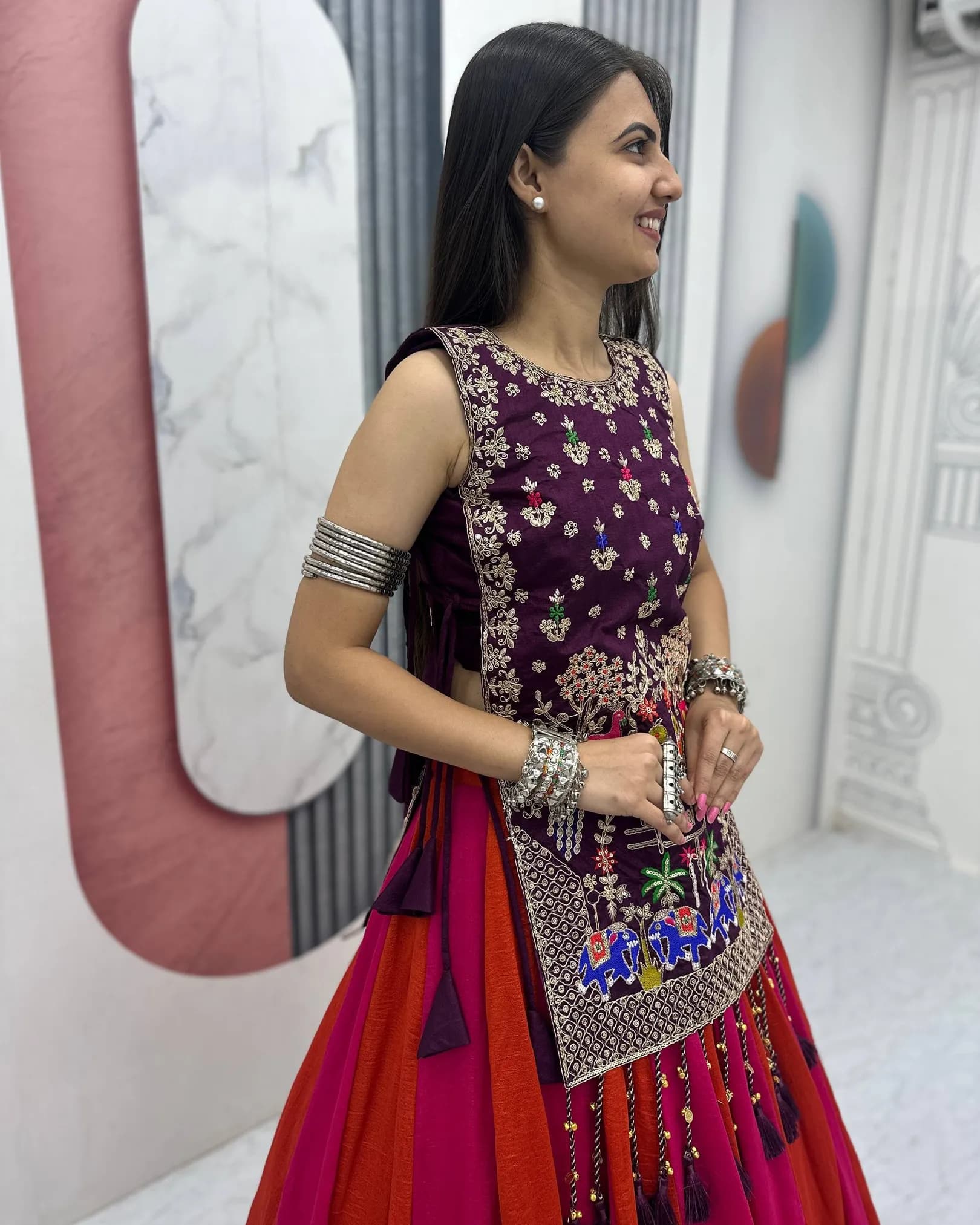 Sapnaaz Creation Navratri Special Vichitra Silk Lehenga Choli with Embroidered Shrug alternate view