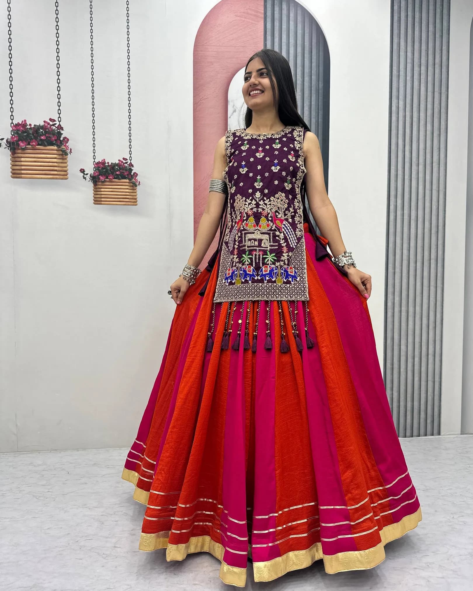 Sapnaaz Creation Navratri Special Vichitra Silk Lehenga Choli with Embroidered Shrug