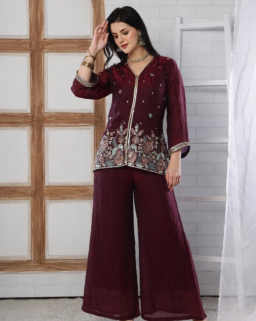 Women's Wine Embroidered Tunic with Flowy Palazzo Co-ord Set |