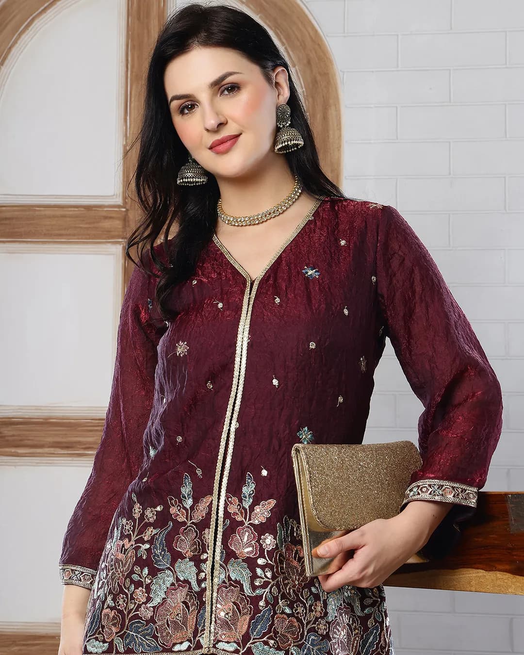 Women's Wine Embroidered Tunic with Flowy Palazzo Co-ord Set | alternate view