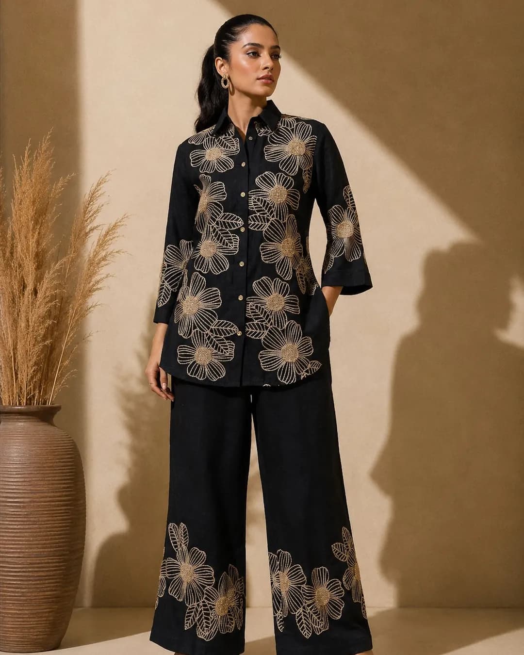 Women's Black Embroidered Silk Blend Co-Ord Set
