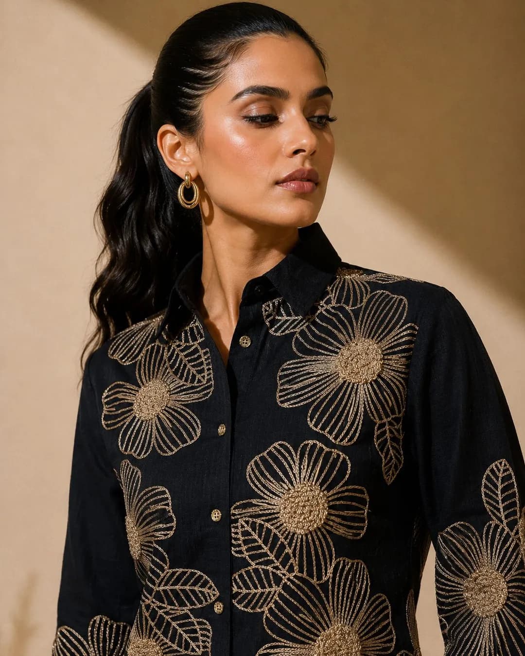 Women's Black Embroidered Silk Blend Co-Ord Set alternate view
