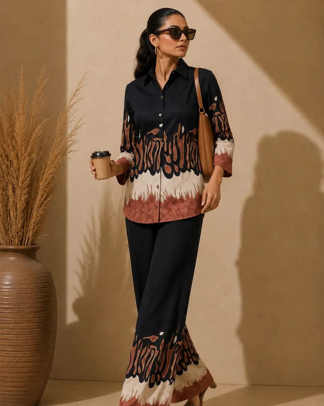 Women's Black Abstract Printed Silk Blend Co-Ord Set