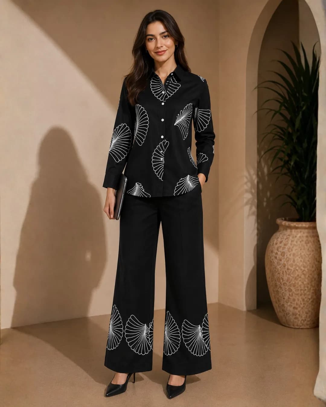 Women's Black Embroidered Linen Co-Ord Set