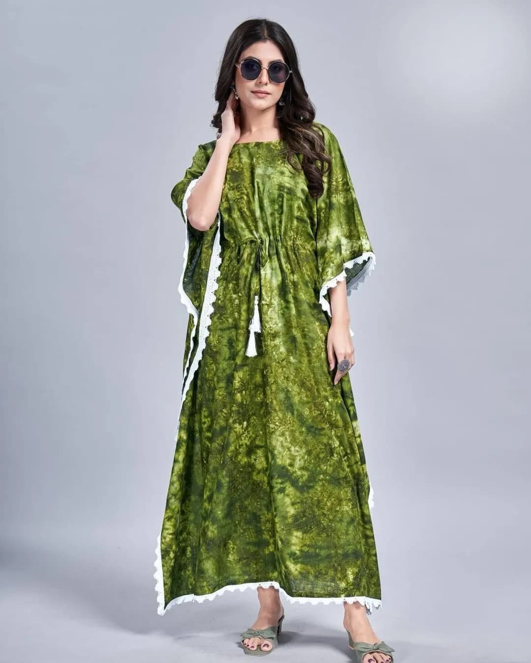 Long Tie-Dye Print Rayon Slub Kaftan Dress for Women with Lace Border alternate view