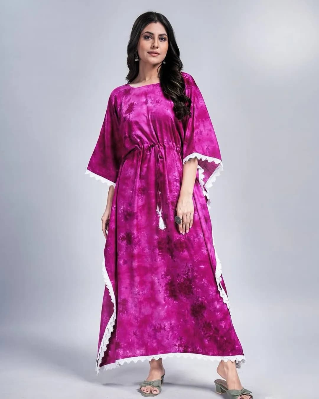 Long Tie-Dye Print Rayon Slub Kaftan Dress for Women with Lace Border
