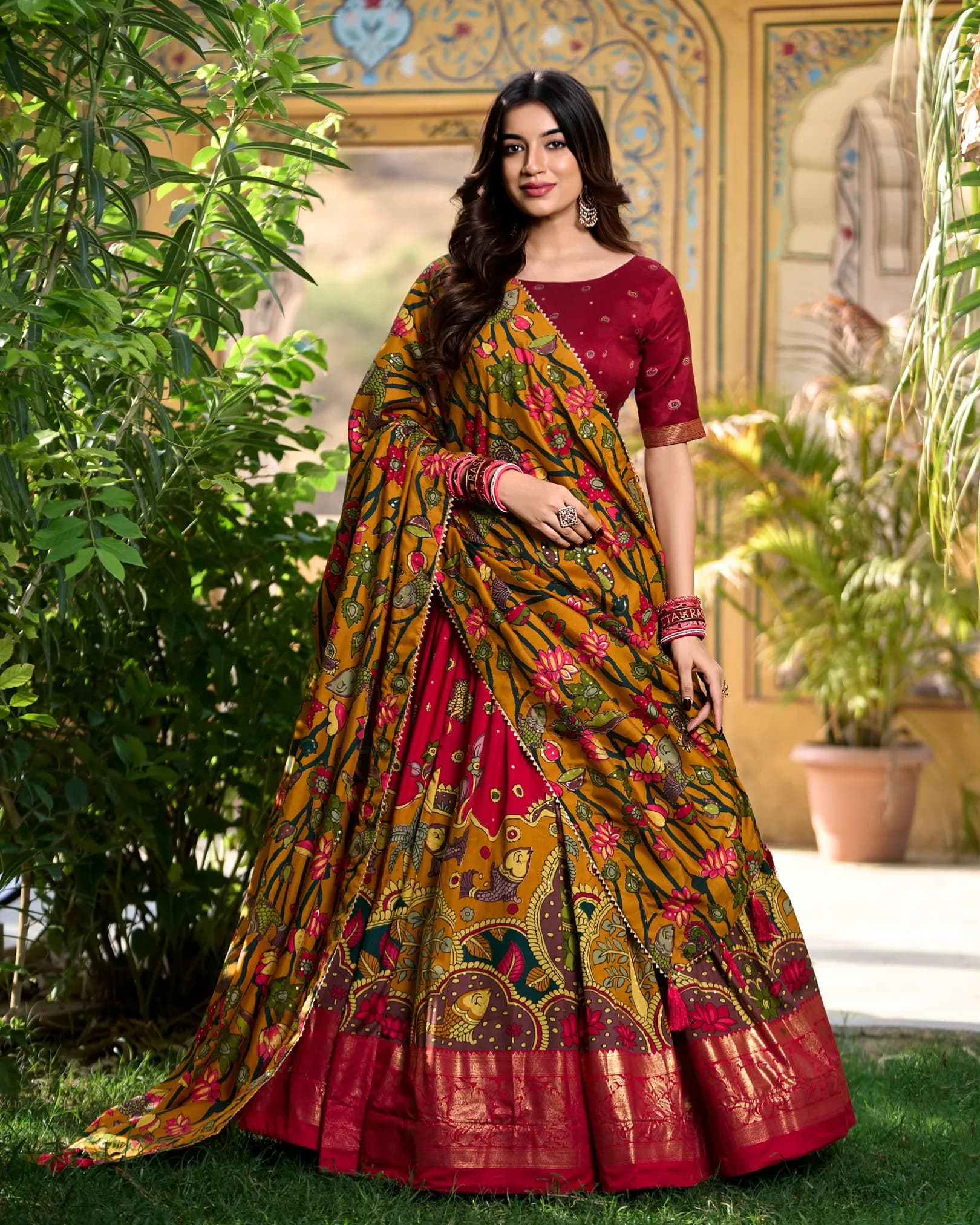 Women's Tussar Silk Kalamkari Print Lehenga Choli Set with Foil Work Border & Dupatta | Designer Ethnic Wear