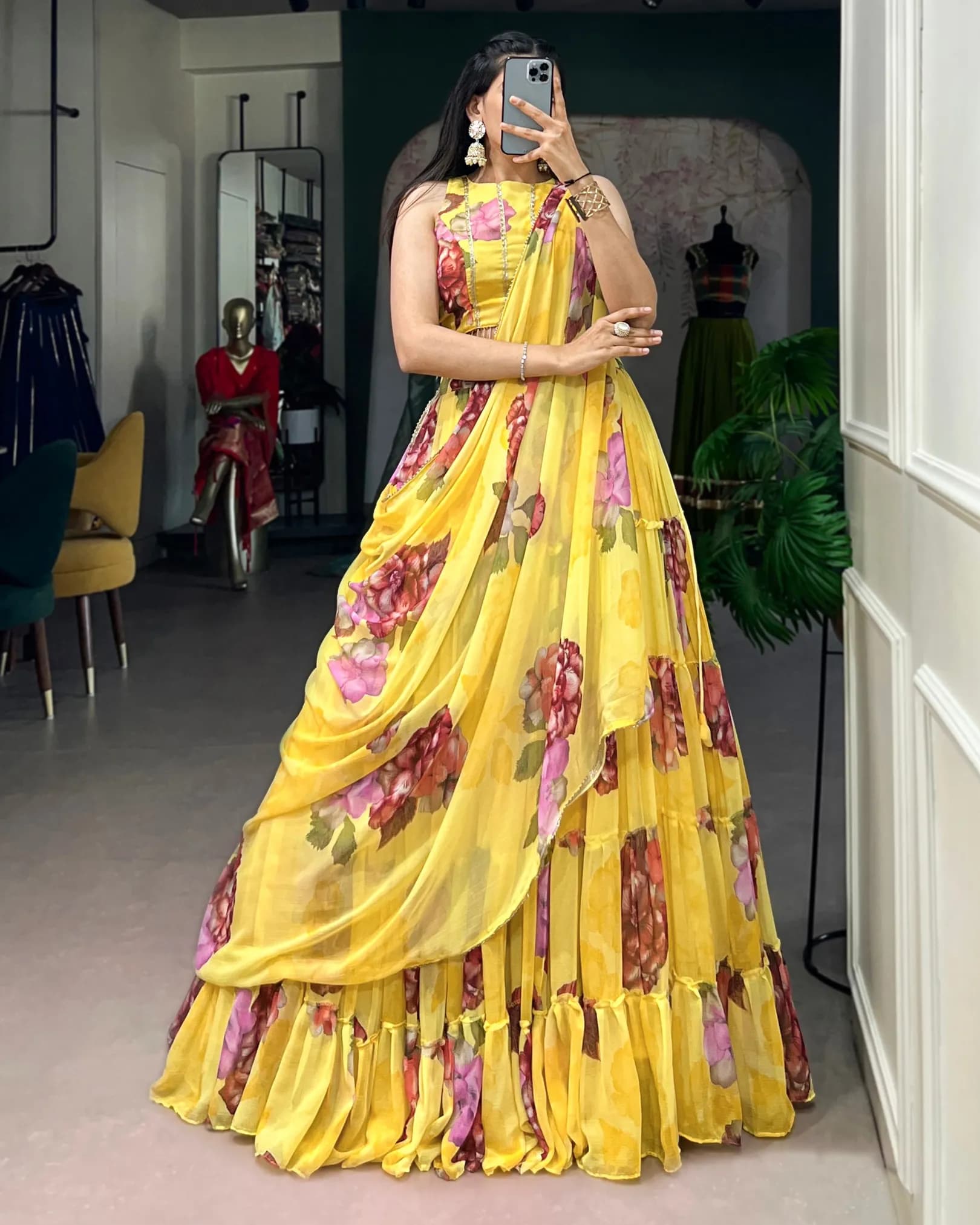 Women's Floral Printed Chiffon Lehenga Choli Set with Lace Work & Dupatta | Designer Ethnic Wear