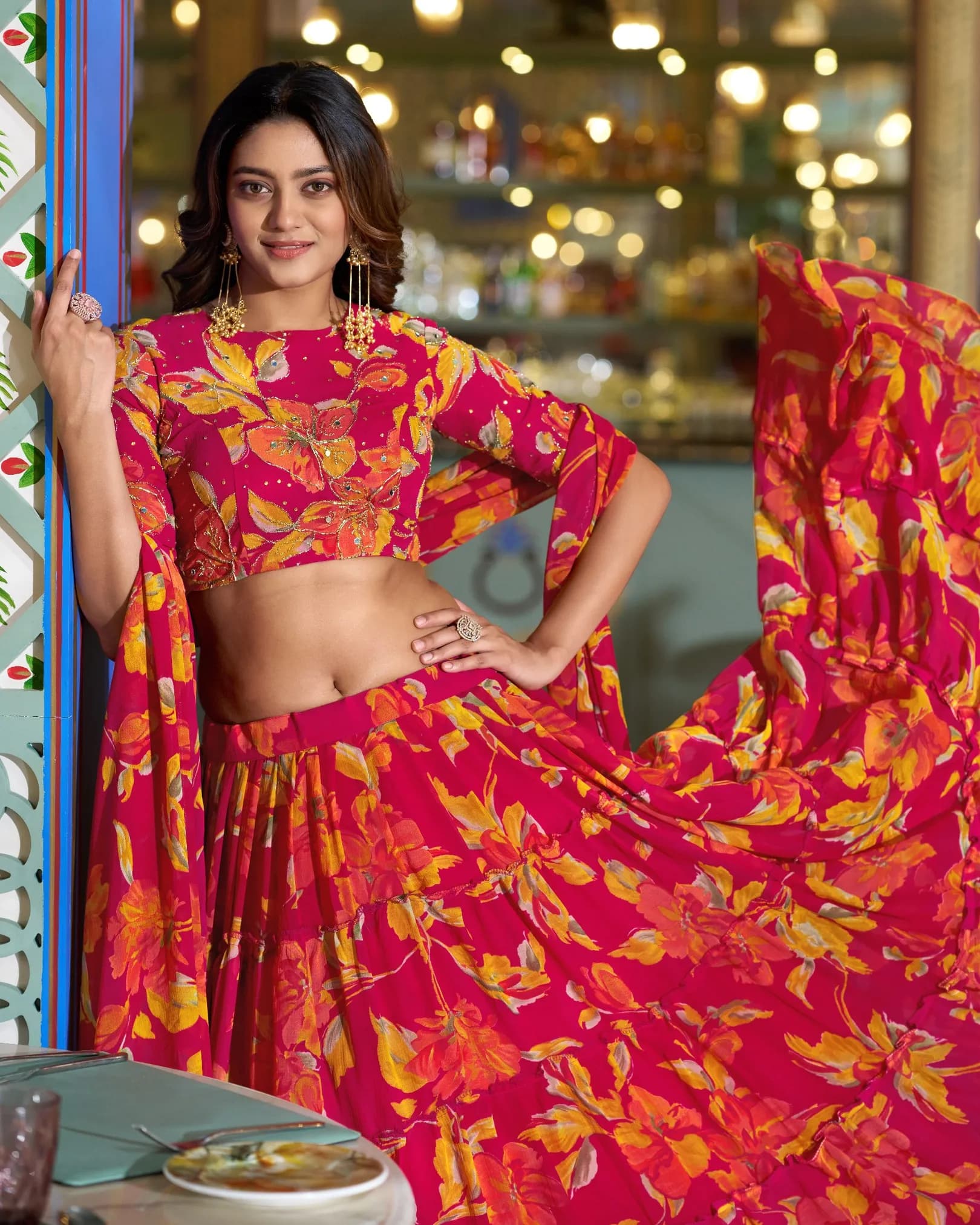 Women's Bloomscape Marble Floral Printed Lehenga Choli Set with Hand Work & Dupatta | Designer Ethnic Wear alternate view