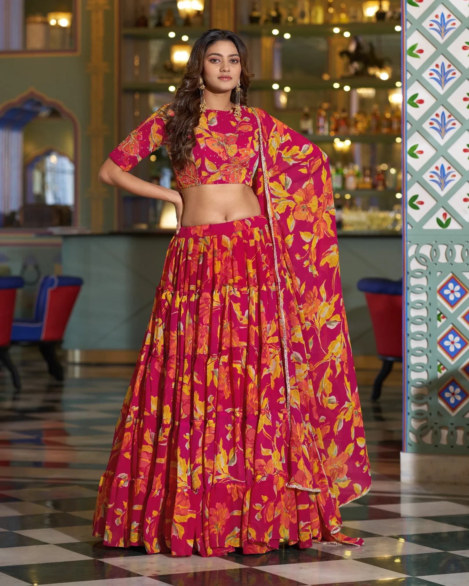 Women's Bloomscape Marble Floral Printed Lehenga Choli Set with Hand Work & Dupatta | Designer Ethnic Wear