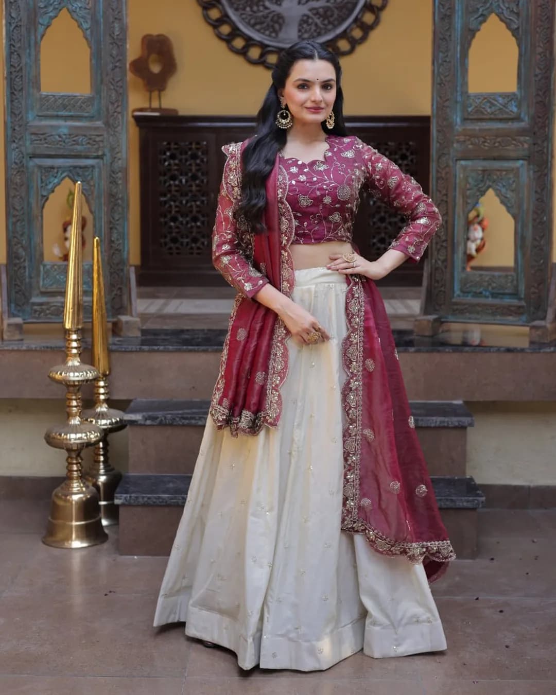 Women's Cosmos Embroidered Lehenga Choli with Sindoor Silk Dupatta