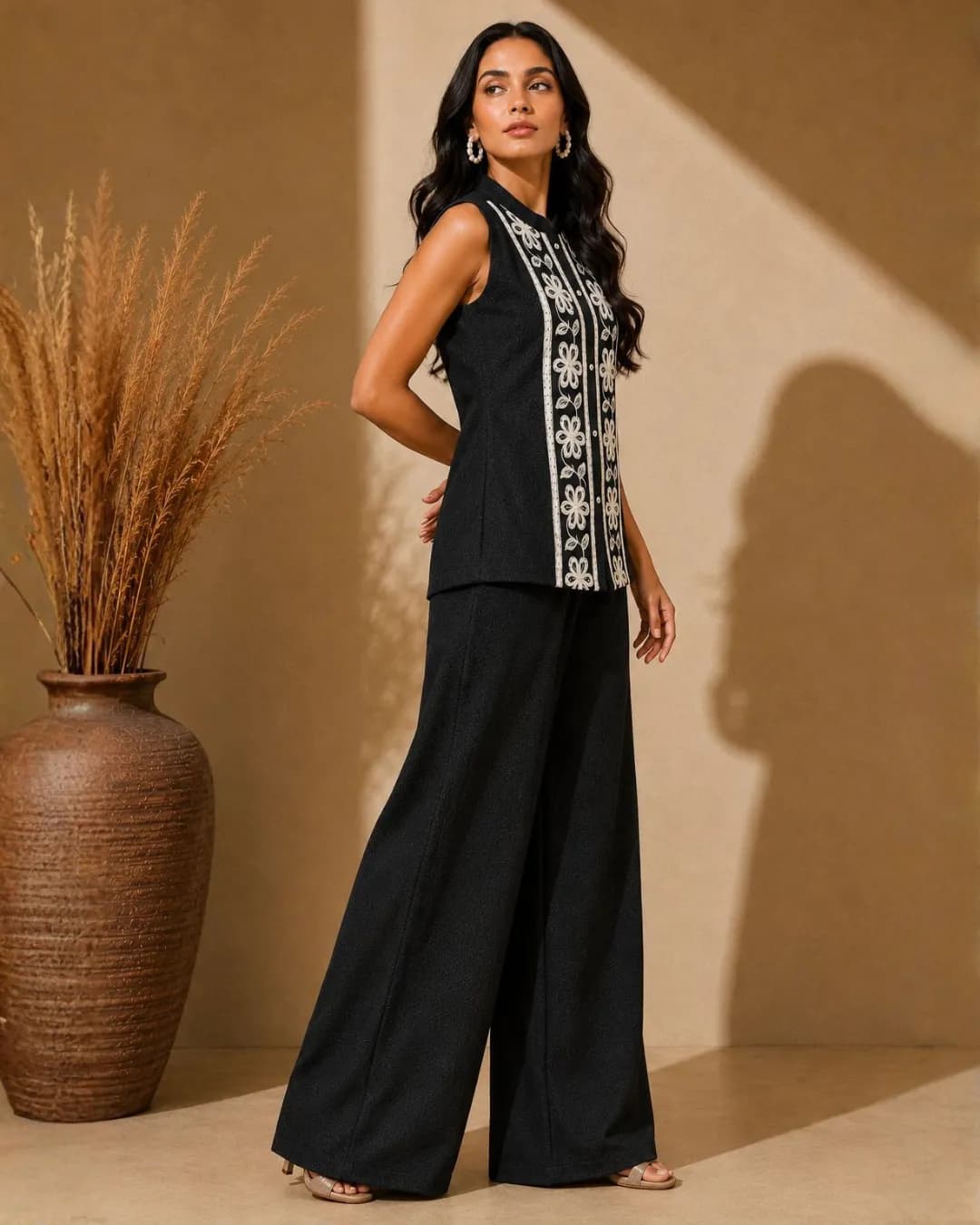 Women's Black Embroidered Linen Sleeveless Co-Ord Set with Palazzo alternate view