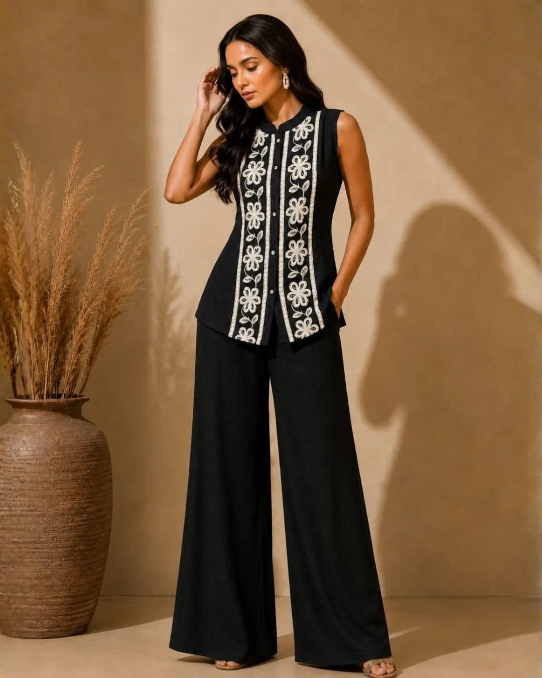 Women's Black Embroidered Linen Sleeveless Co-Ord Set with Palazzo