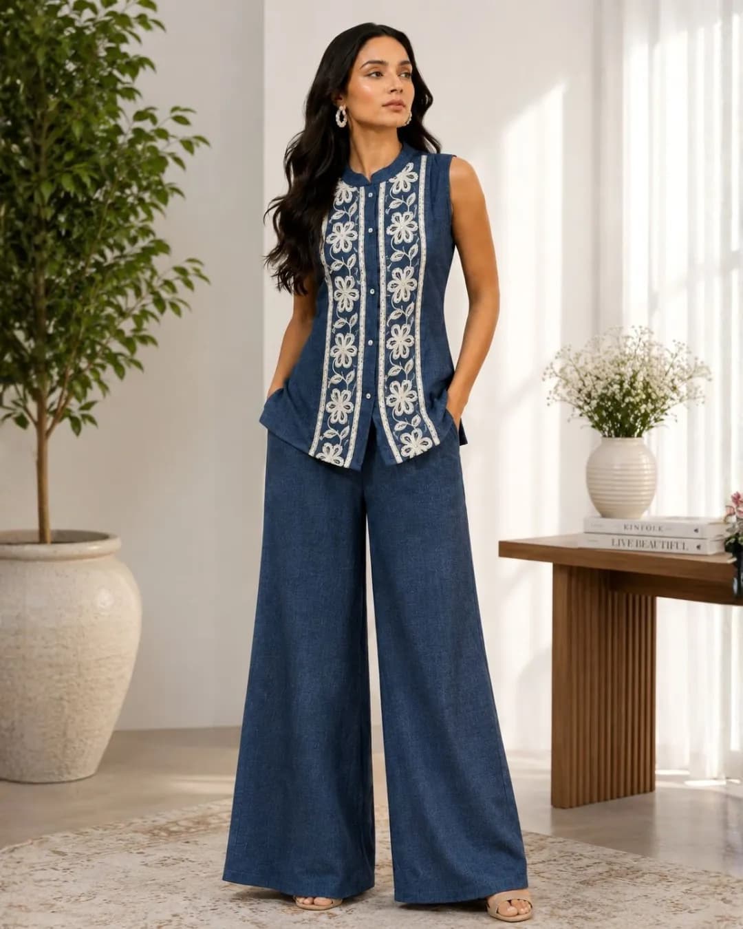 Women's Blue Embroidered Linen Sleeveless Co-Ord Set with Palazzo