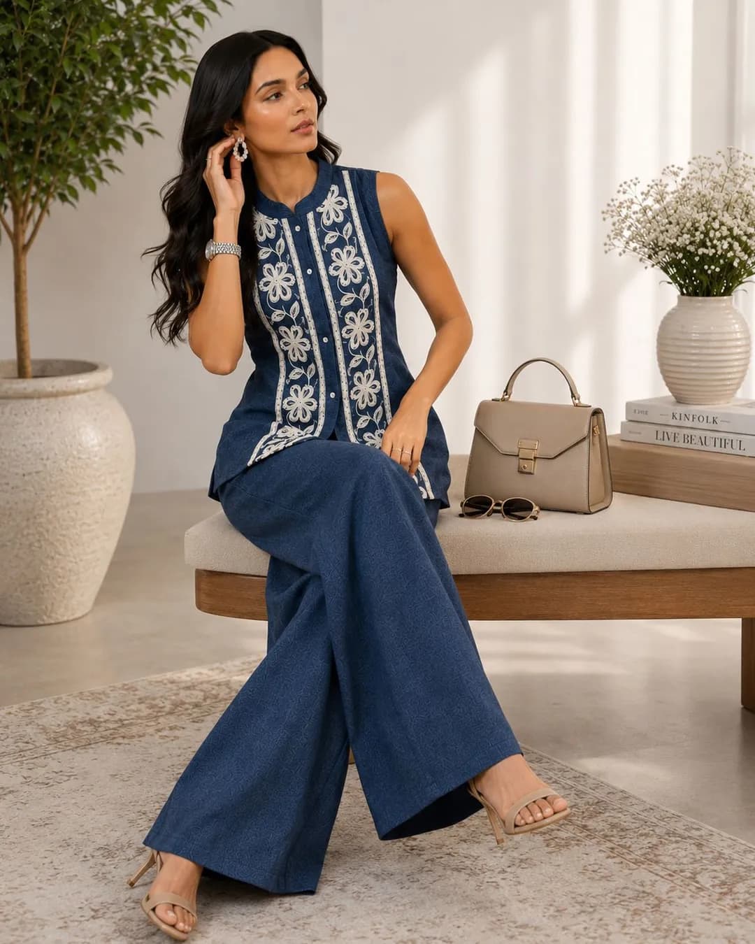 Women's Blue Embroidered Linen Sleeveless Co-Ord Set with Palazzo alternate view
