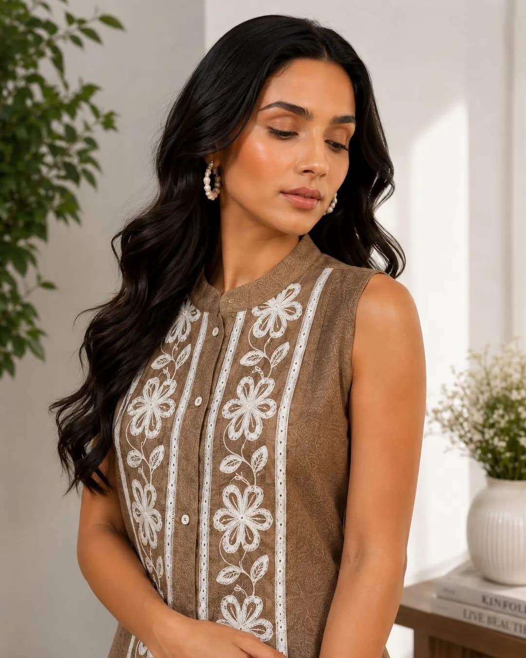 Women's Brown Embroidered Linen Sleeveless Co-Ord Set with Palazzo alternate view