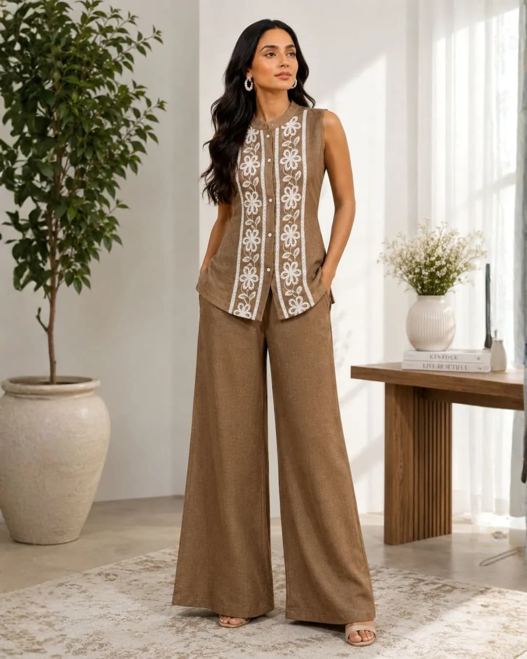 Women's Brown Embroidered Linen Sleeveless Co-Ord Set with Palazzo