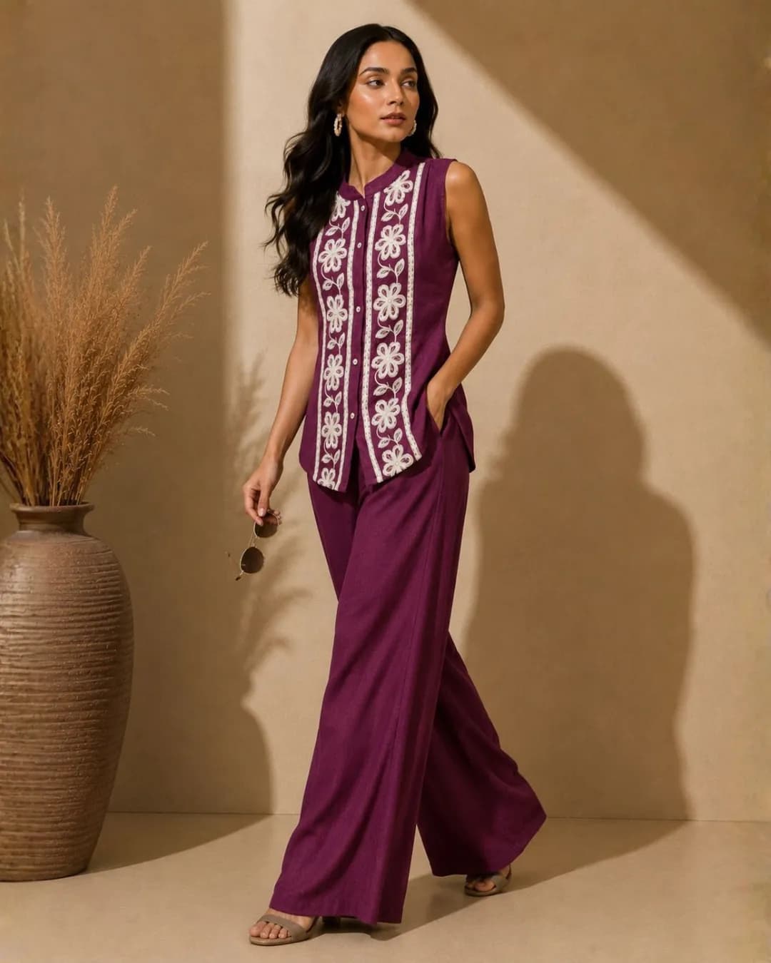 Women's Purple Embroidered Linen Sleeveless Tunic & Palazzo Co-Ord Set alternate view