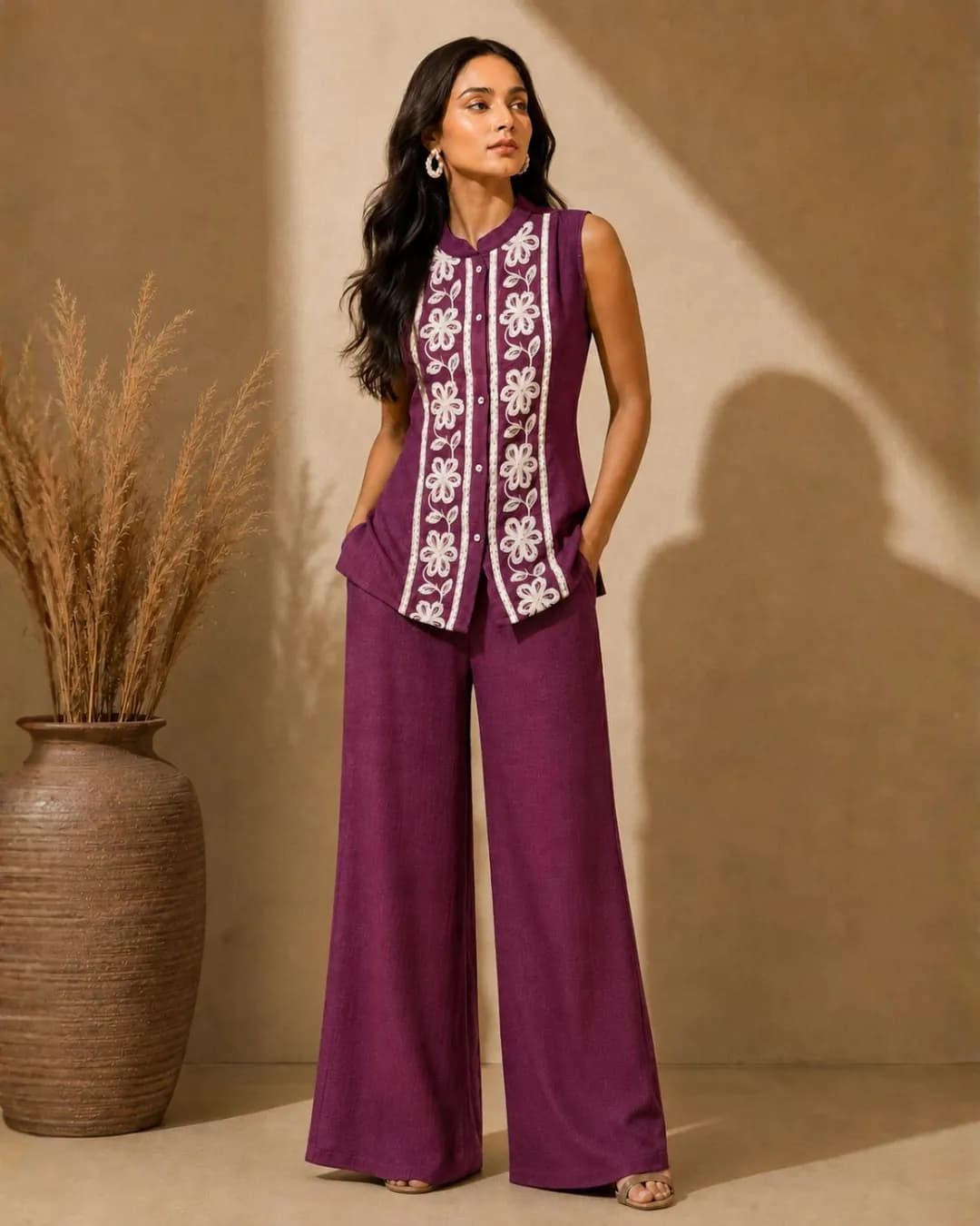 Women's Purple Embroidered Linen Sleeveless Tunic & Palazzo Co-Ord Set