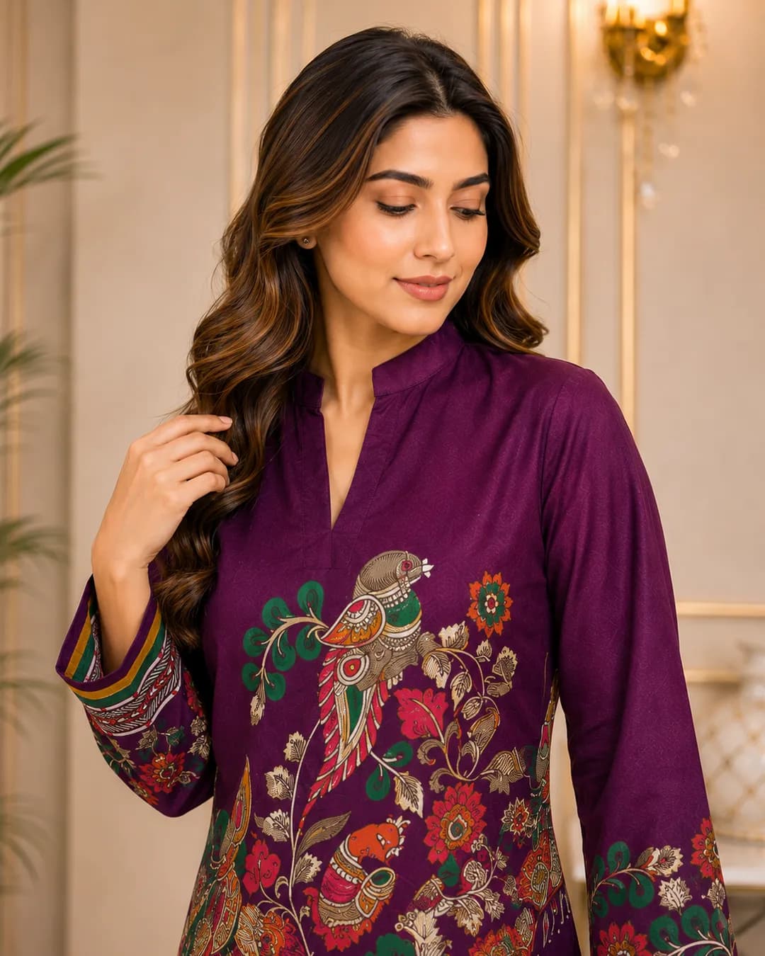 Women's Purple Bohemian Bird & Floral Printed Chanderi Silk Tunic & Palazzo Co-Ord Set alternate view