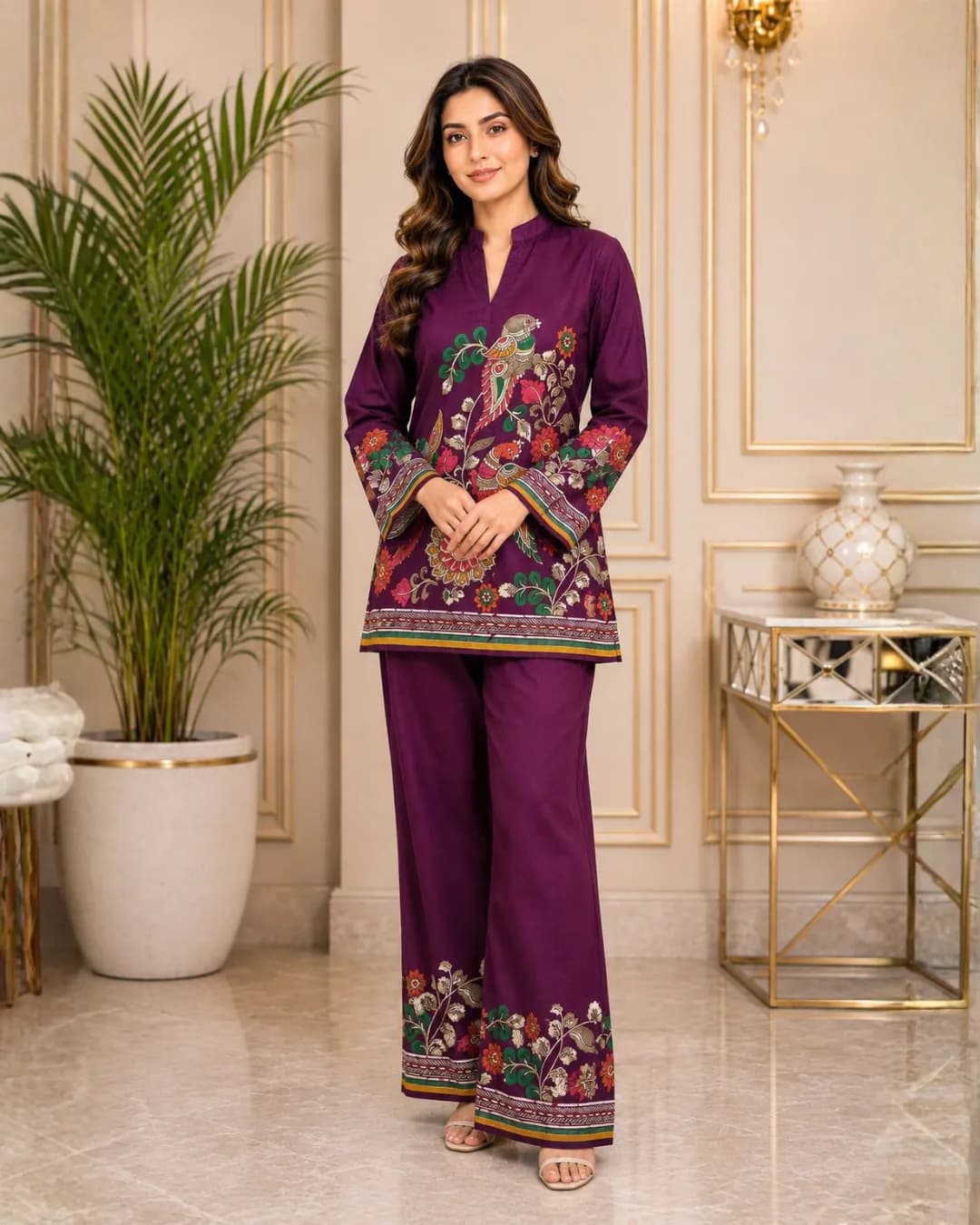 Women's Purple Bohemian Bird & Floral Printed Chanderi Silk Tunic & Palazzo Co-Ord Set