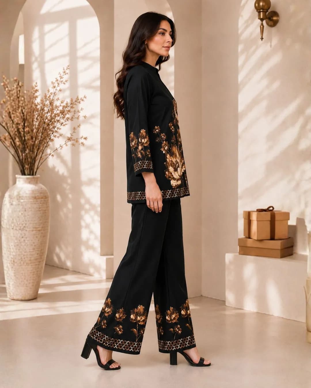 Women's Black Floral Printed Viscose Rayon Tunic & Palazzo Co-Ord Set alternate view