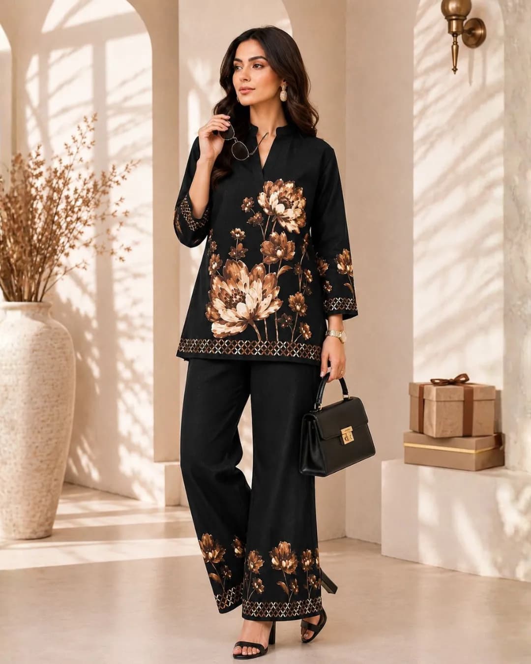 Women's Black Floral Printed Viscose Rayon Tunic & Palazzo Co-Ord Set