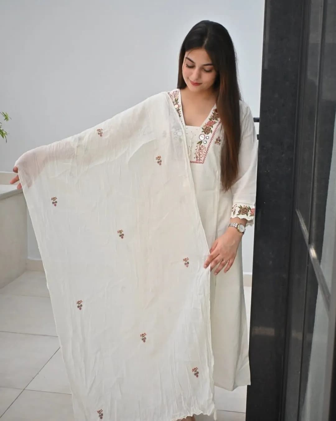 Women's Cotton Flex Embroidered A-Line Kurta Pant & Malmal Dupatta Set with Pockets