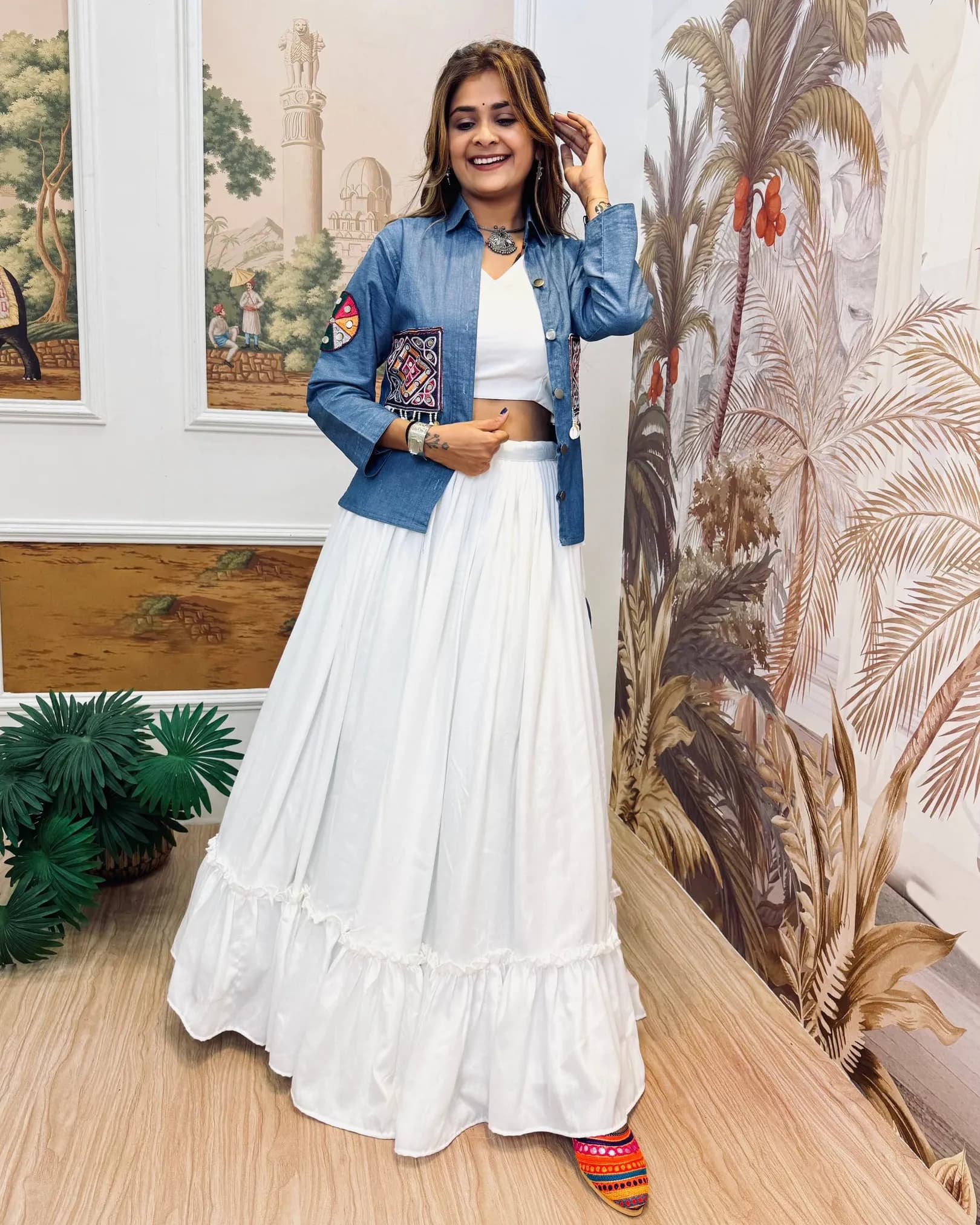Women's Pure Cotton Denim Koti, Lehenga & Blouse Set | Embroidery, Mirror Work & Kodi Lace Navratri Special