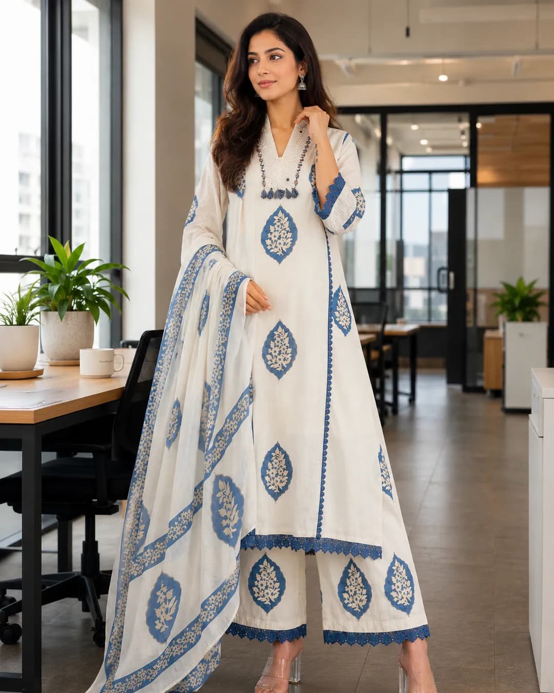 Women's Premium 60x60 Cotton Jaipuri Print Kurta Pant & Dupatta Set