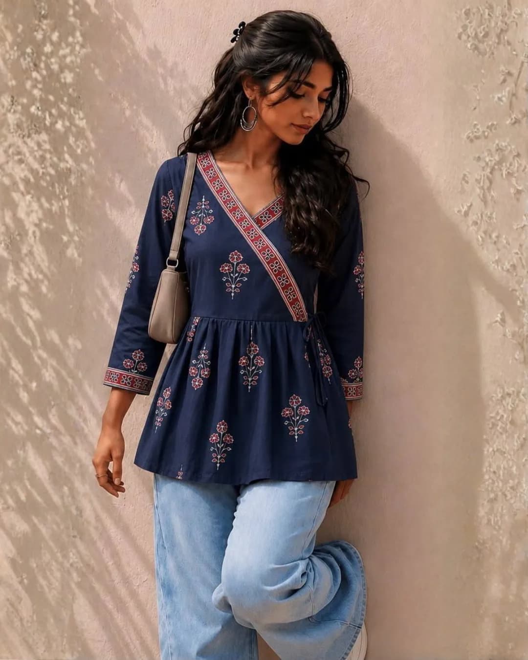 Women's Cotton Flex Printed Peplum Top | Wrap Style V-Neck with Side Tie-Up