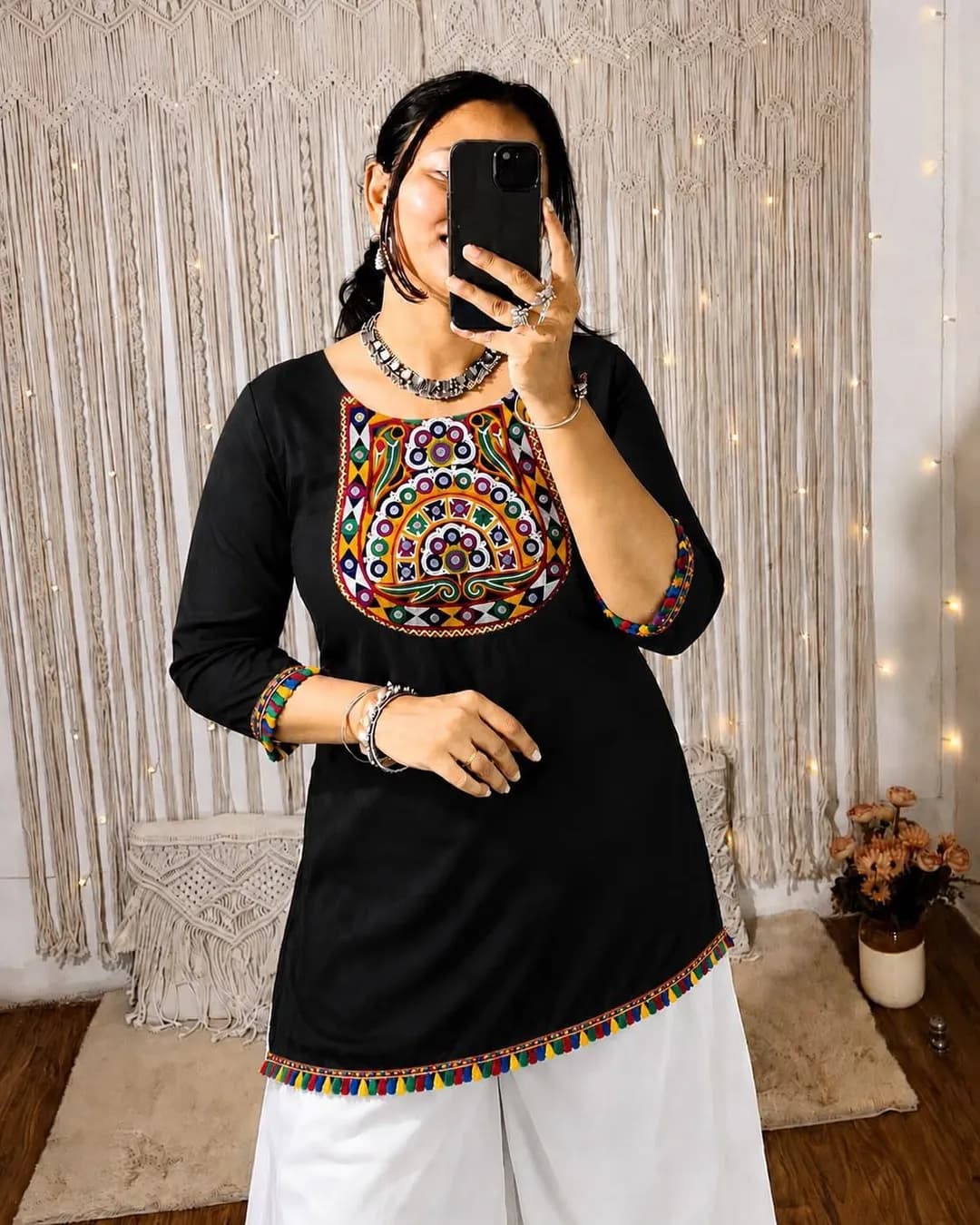 Women's Heavy Rayon Gamthi Embroidered Short Kurti with Real Mirror Work