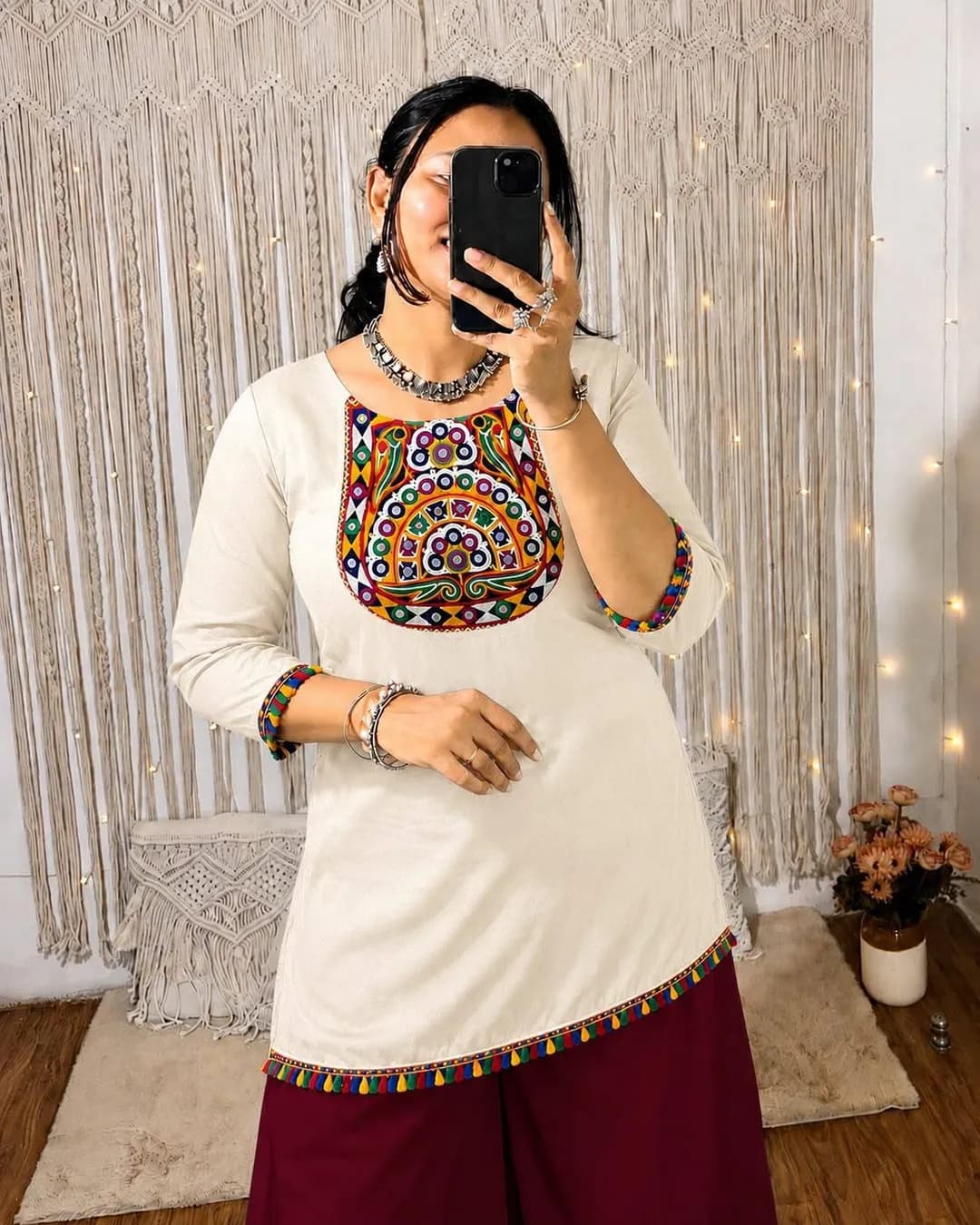 Women's Heavy Rayon Gamthi Embroidered Short Kurti with Real Mirror Work alternate view