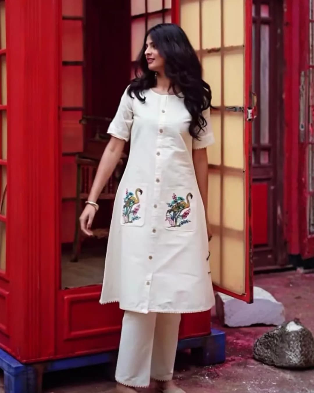 Women's A-Line Cotton Flex Kurta Pant Set with Front Slit & Embroidered Pocket