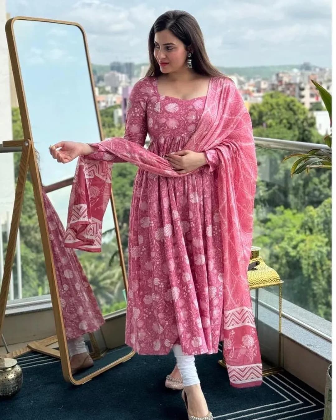 Women's Sanganeri Printed Rayon Anarkali Kurta Set with Mulmul Dupatta