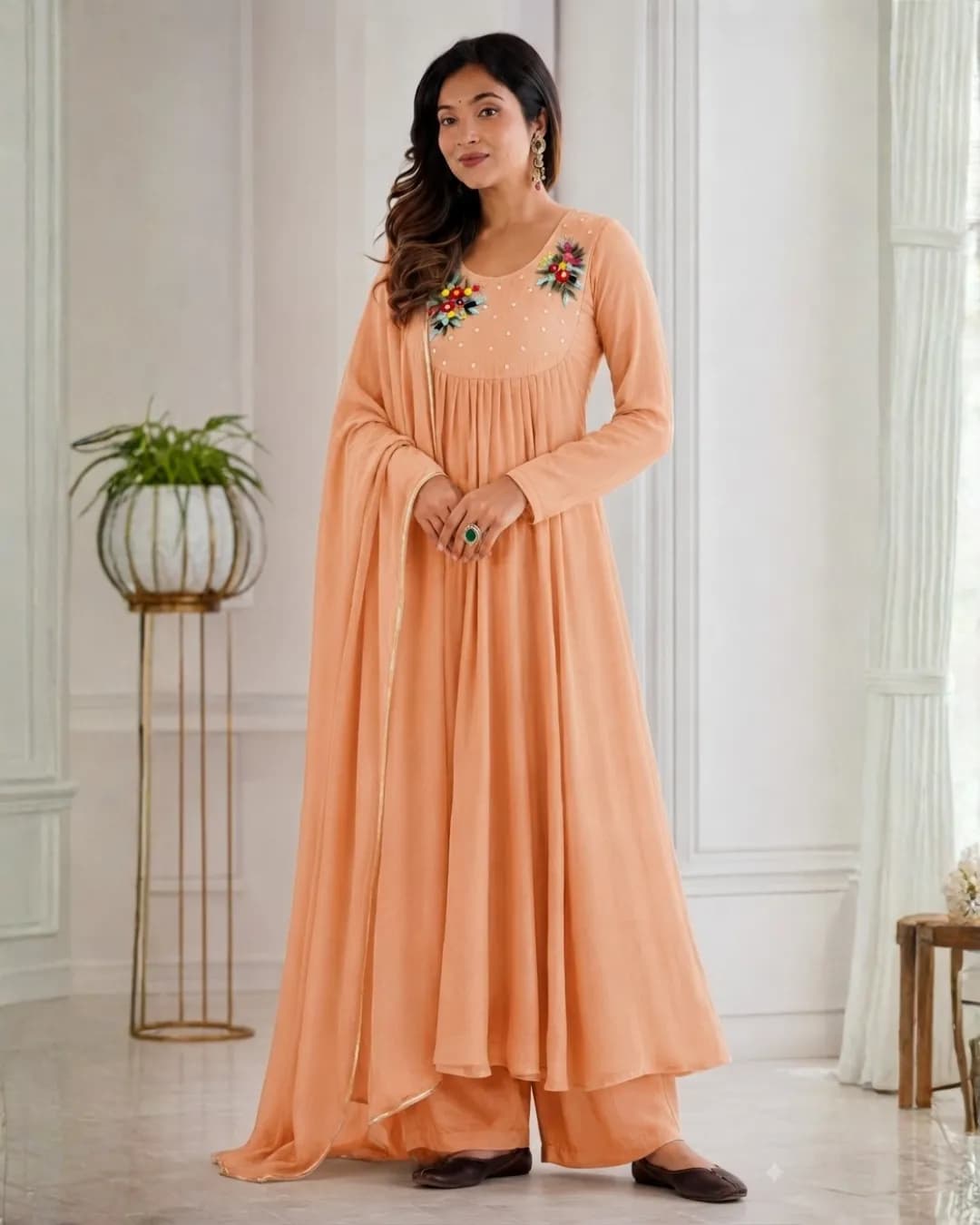 Pure Mul Viscose Chanderi Cotton A-Line Gown Pant & Dupatta Set with Handmade Embroidery