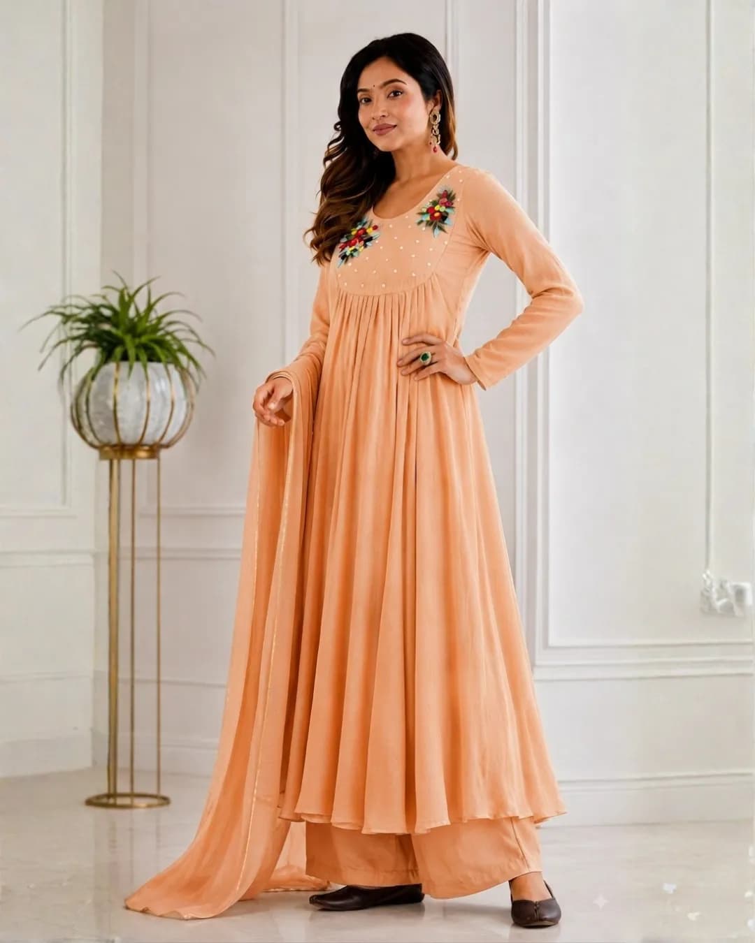 Pure Mul Viscose Chanderi Cotton A-Line Gown Pant & Dupatta Set with Handmade Embroidery alternate view