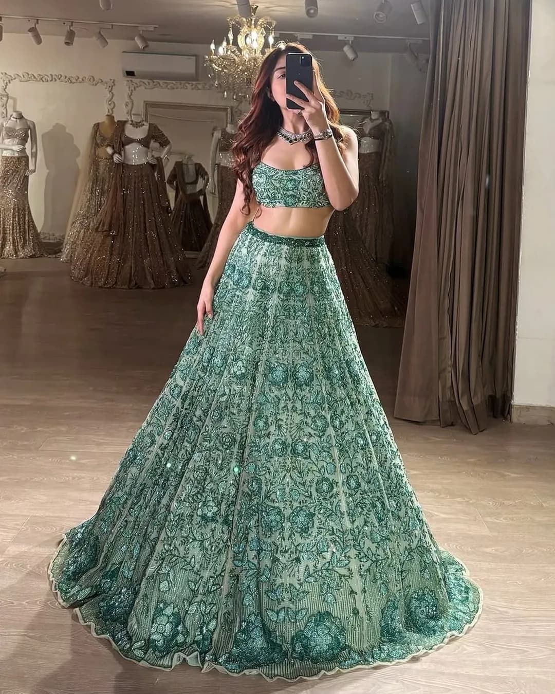 Pastel Green Georgette Lehenga Set with Rainbow Sequins, Dori & Thread Work
