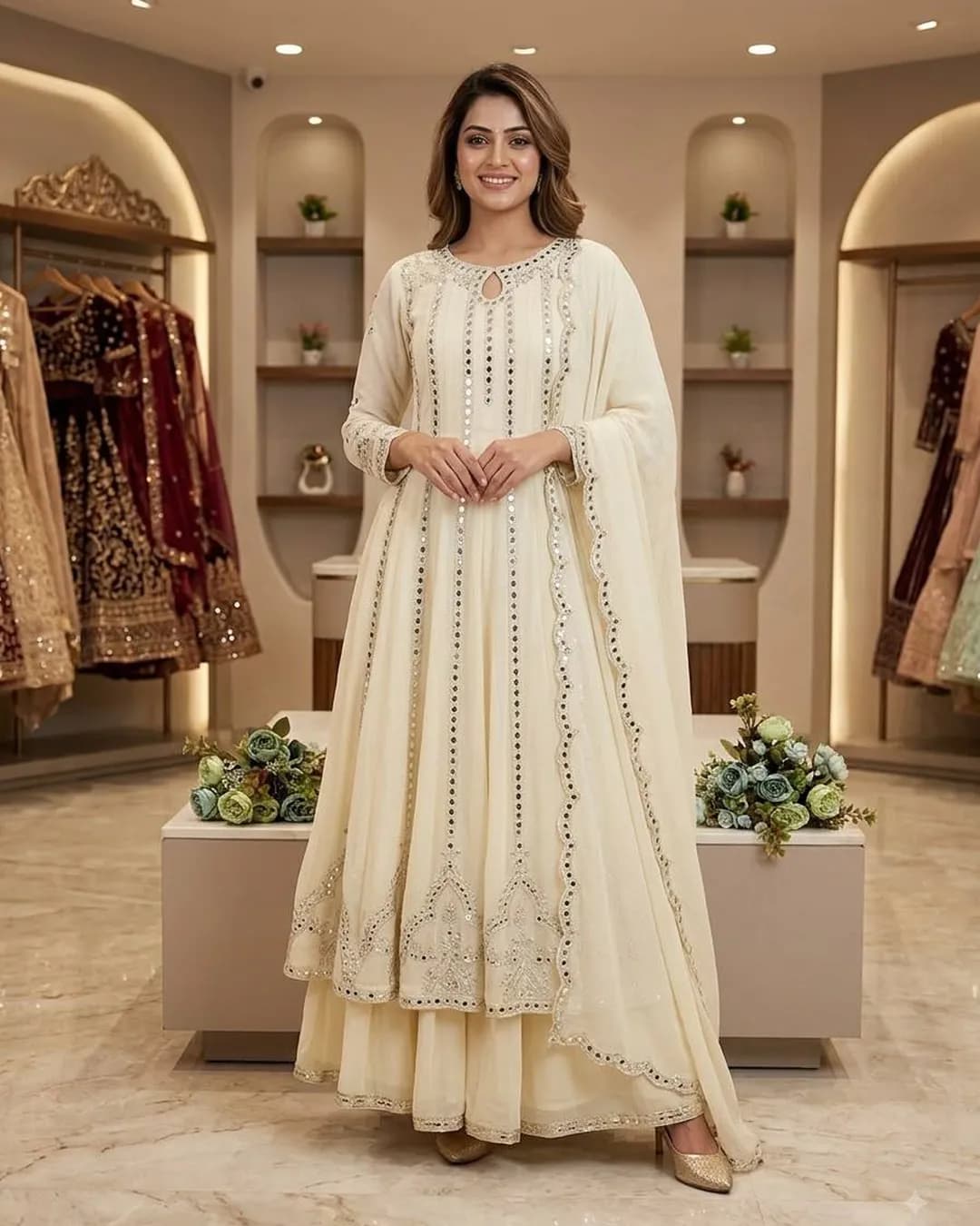 Festival Special Georgette Gown Lehenga & Dupatta Set with Sequins Embroidery & Real Mirror Work