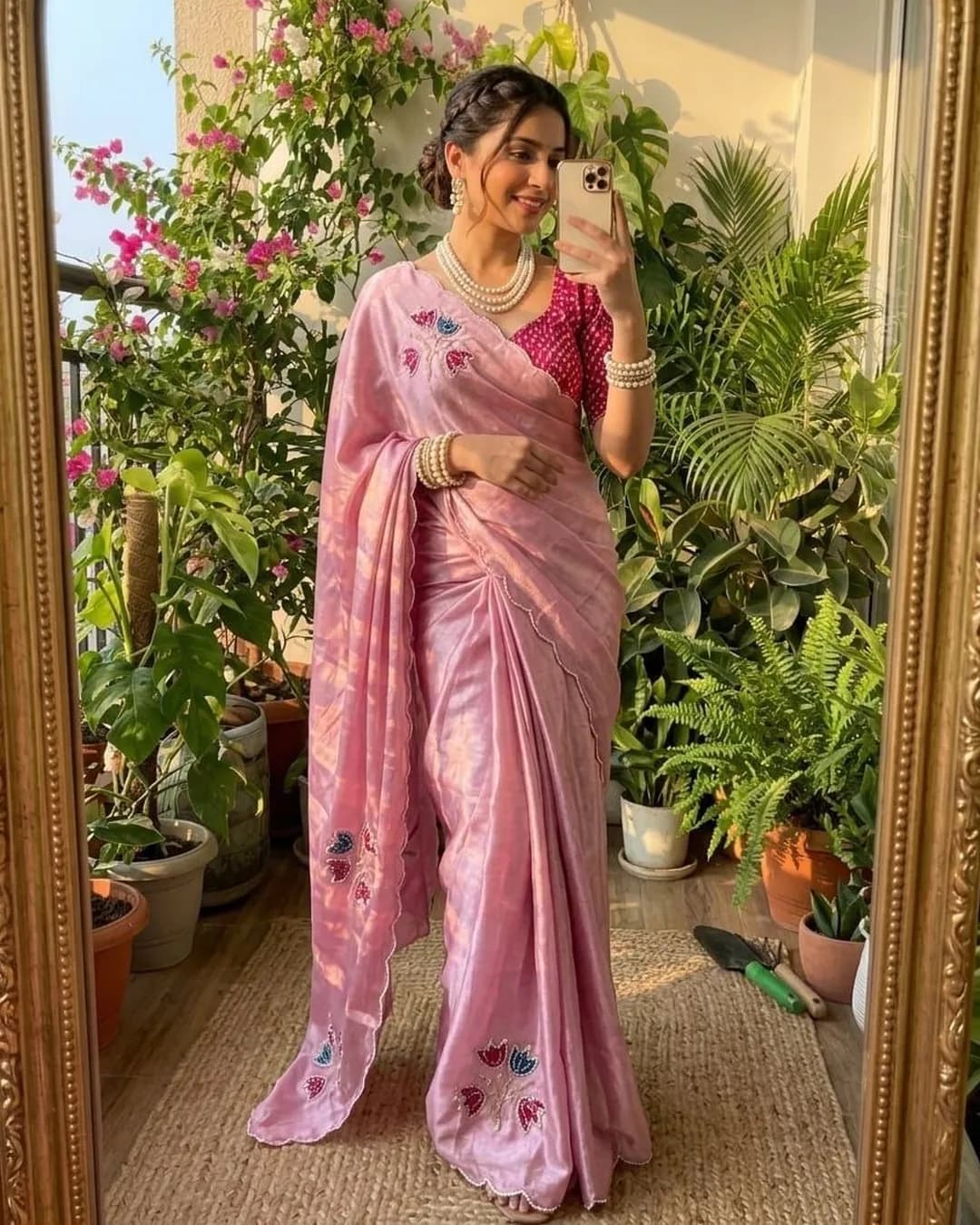 Premium Chinon Silk Hand Cutdana & Bandhni Butta Saree