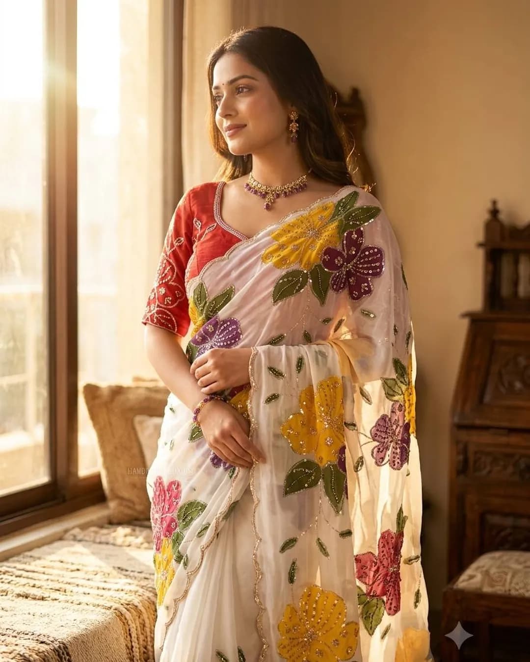 New Arrival – Premium Soft Tebby Silk Floral Hand Print Saree alternate view
