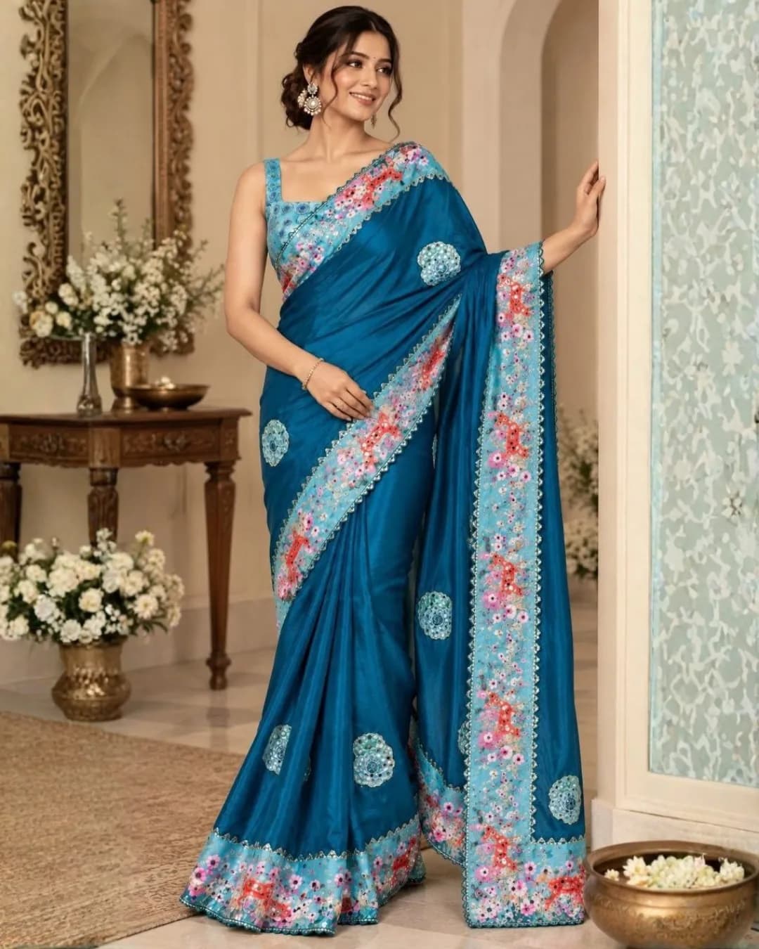 Premium Soft Chinon Silk Digital Print Mirror Work Saree alternate view