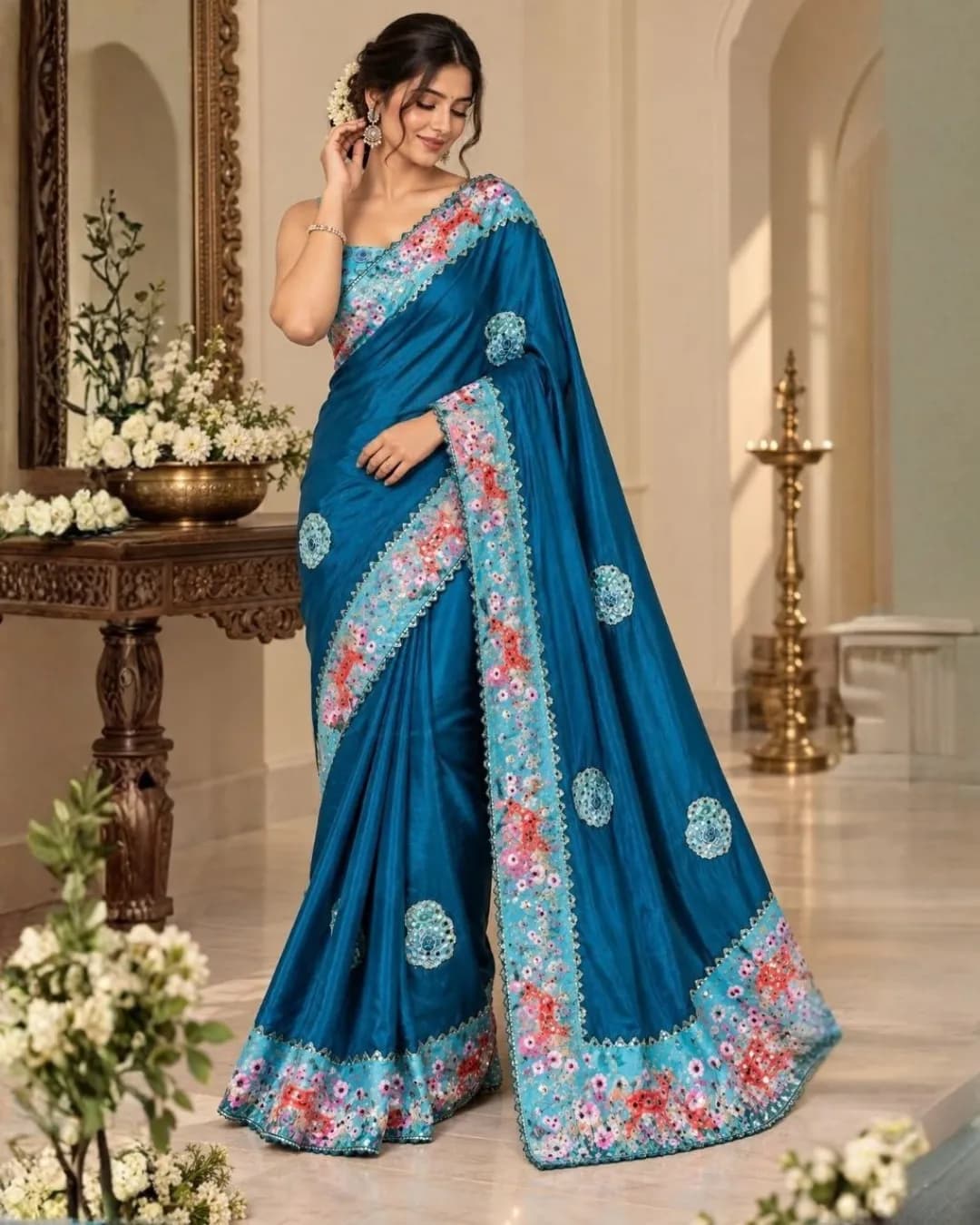 Premium Soft Chinon Silk Digital Print Mirror Work Saree